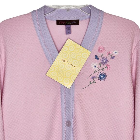 Stan Herman Women's Pink Quilted Embroidered Button Front Robe New With Tag M - Picture 2 of 8